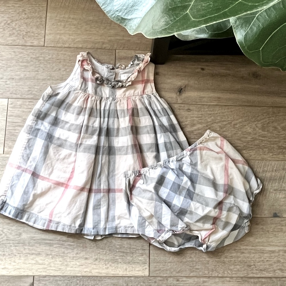 Burberry children girl plaid matching dress set size 12 months